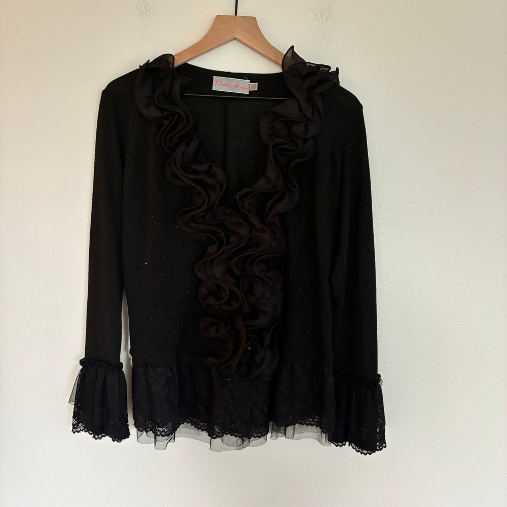Pretty Angel Ruffle Cardigan Sweater Women L Black Lace Linen Blend Whimsygoth